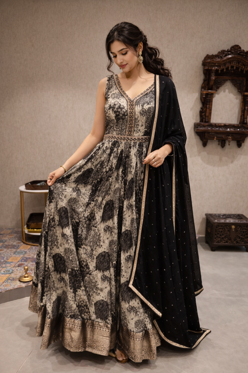Black & Ivory Printed Anarkali Gown with Embellished Borders & Dupatta | Party & Wedding Wear